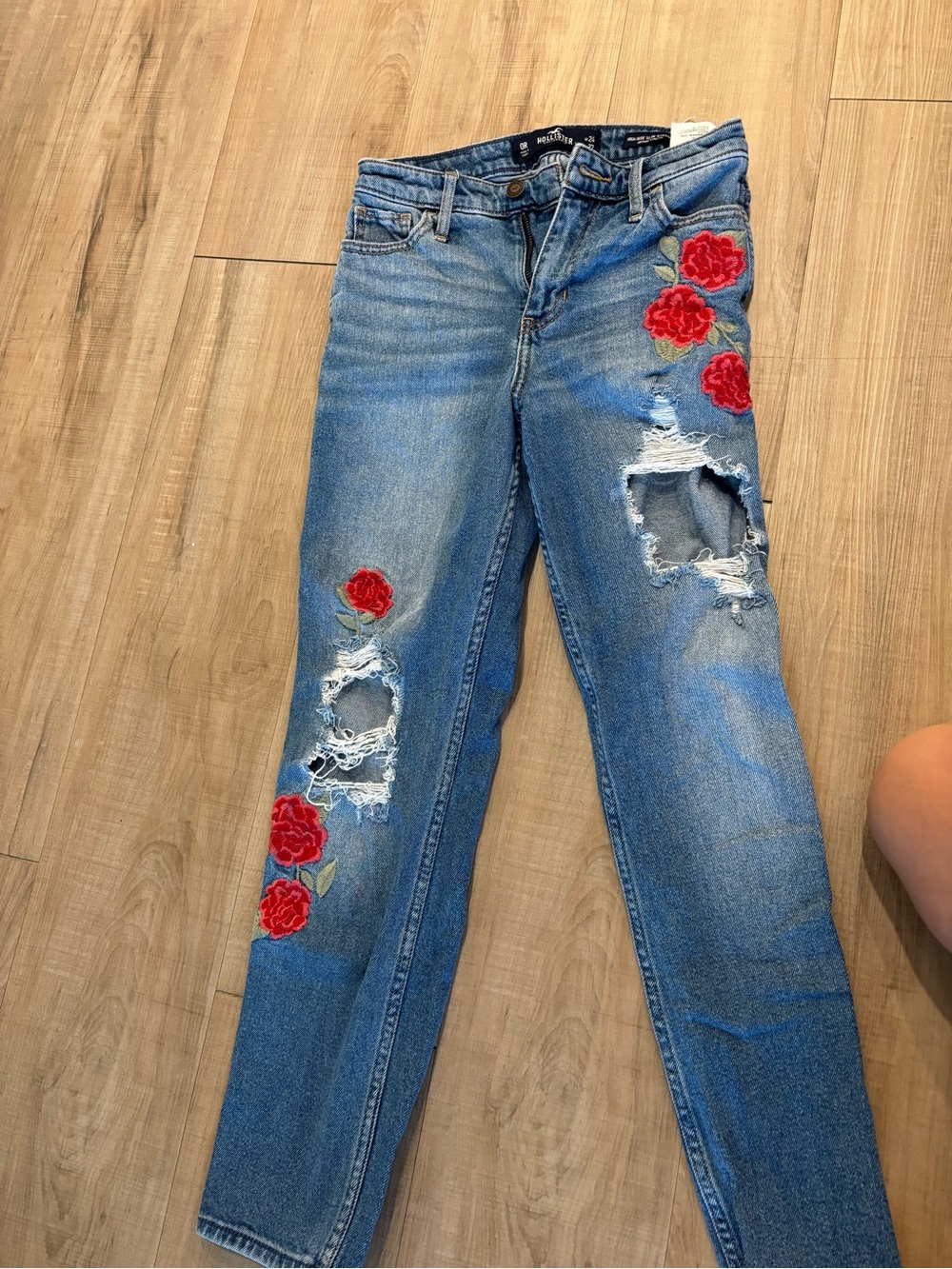 Hollister Blue Distressed Jeans with Red Rose Embroidery
